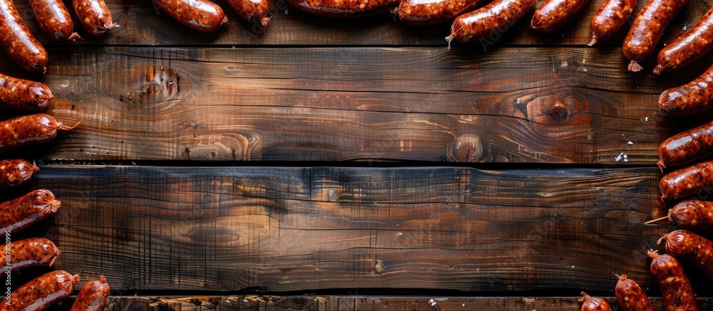 Aufkleber Wooden table with frame constructed of whole sausages in a flat lay composition Ideal for text insertion in the copy space image