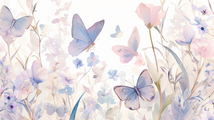 Watercolor painting of a field of flowers with butterflies with copy space text for nature, spring, and floral design.