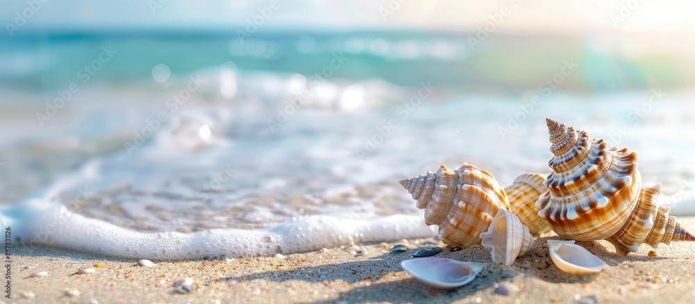 Poster attractive seashells near the ocean on a natural setting with copy space image