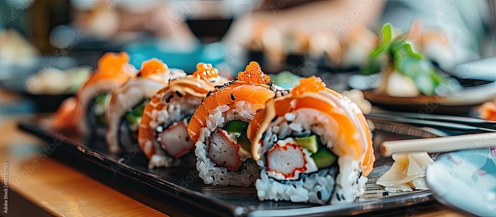 Fototapete Sushi rolls arrayed on a restaurant table tray with a close up view and copy space image available