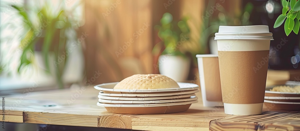 Poster Biodegradable and eco friendly disposable tableware utilized in various settings like fast food restaurants takeaways and picnics featuring a recycling concept Close up view with copy space image