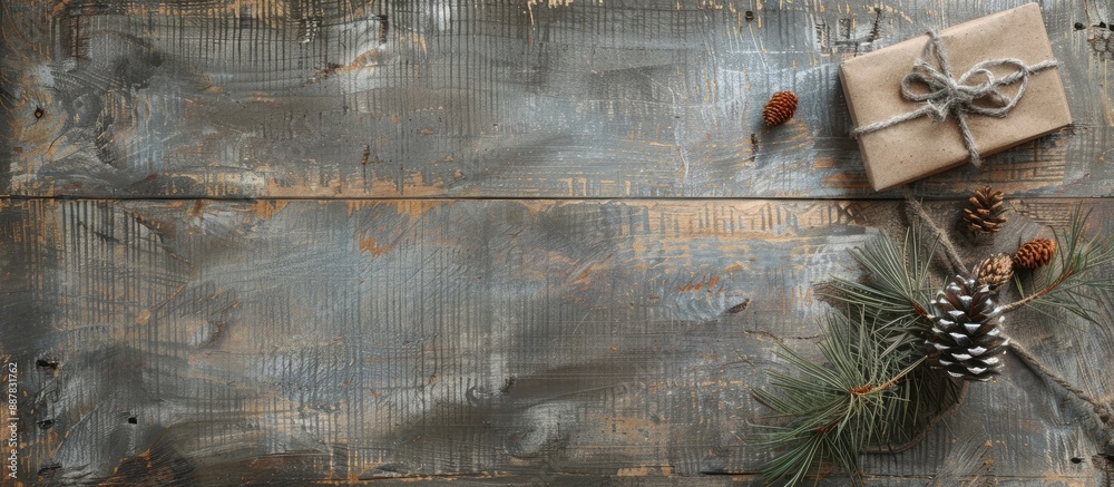 Poster Top view of wood grunge board with a gift box larch branch with cone and copy space image for text placement