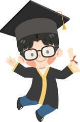 Boy in graduation gown jumping