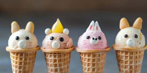 Ice cream cones decorated as animal faces, animal face food, playful dessert