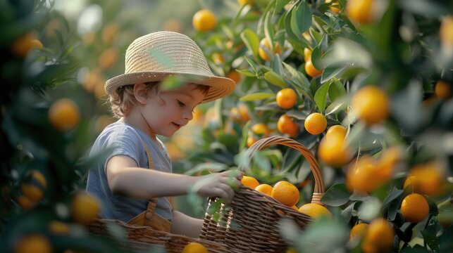 A cute child with basket and fresh orange fruit in plantation farm field - Powered by Adobe