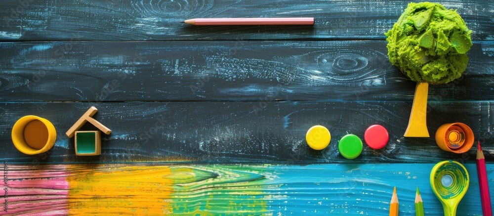 Poster white wooden background with a chalkboard and a variety of magnets a pencil paintbrush and colorful 