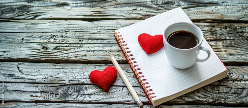 Poster On a wooden surface there are a notepad pencil coffee cup and two red hearts suitable for adding text or graphics with copy space image