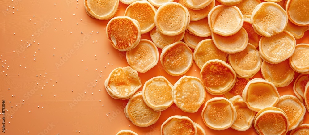 Poster top view background of mini pancakes a menu concept for sweet breakfast or dessert with space for te
