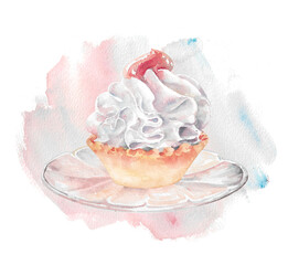 Watercolor tartlet with whipped cream on vintage plate on lilac background. Hand drown illustration