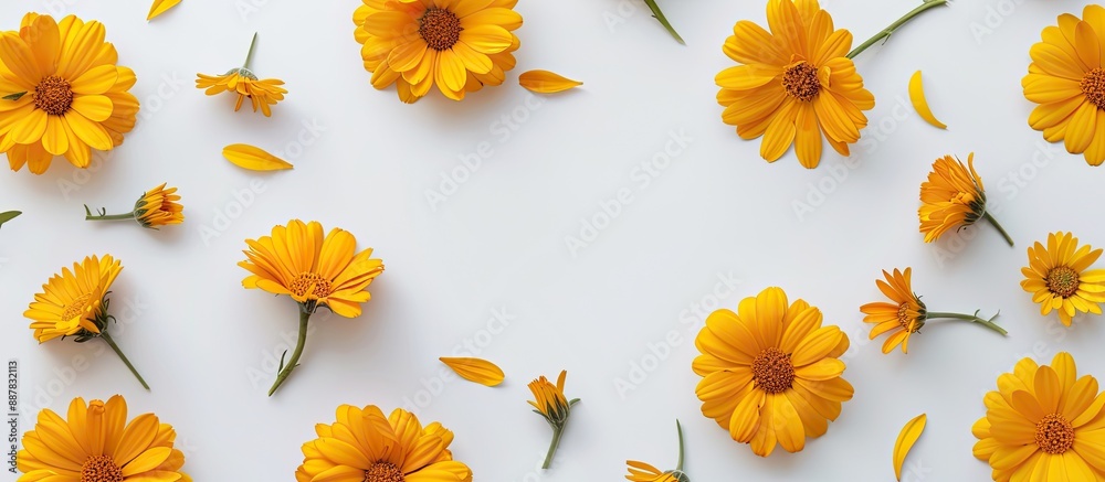 Leinwandbilder yellow flowers on a white backdrop in a creative layout evoking summer vibes ideal for a flat lay vi