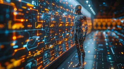A human body outline with glowing lines and points shows wearable biosensors in front of a digital screen displaying data.