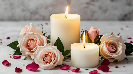 White candles with roses and flowers petals, funeral memorial, sympathy and condolences card, death notice - Generative AI