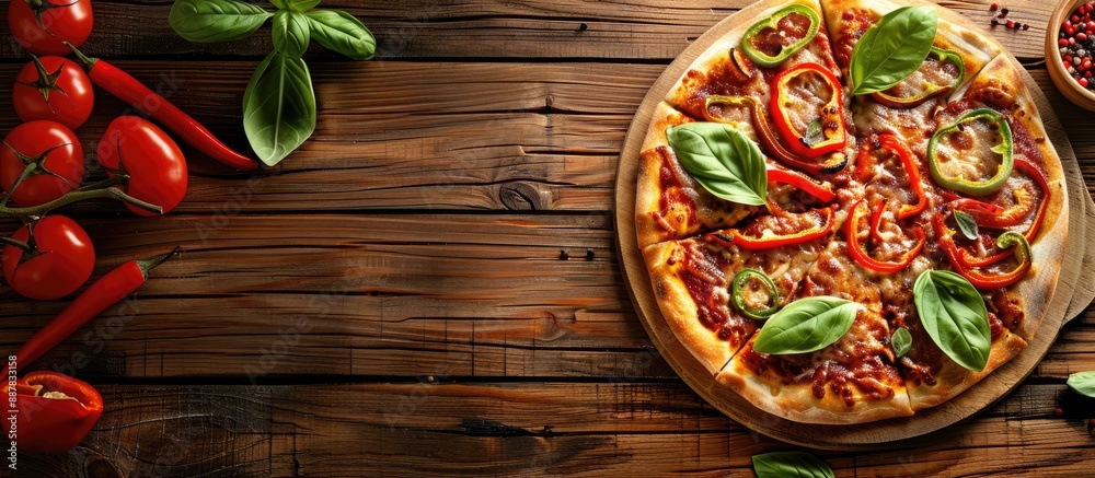 Fototapete pizza with peppers is displayed on a wooden table with copy space image