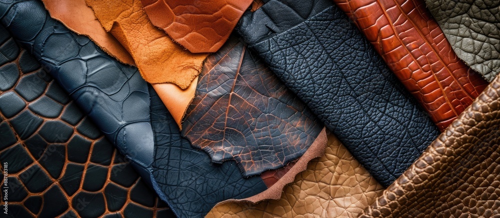 Poster Variety of leather shapes linked in different textures and patterns for fashion industry samples with close up for text on copy space image