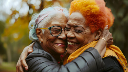 Two happy elderly women with colored hair hug in the park. One of them has a yellow scarf around her neck. A couple of old black lesbians on a walk