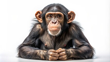 Naklejka premium Adorable chimpanzee wearing a hilarious expression sits alone against a clean white backdrop, showcasing its playful and curious nature.