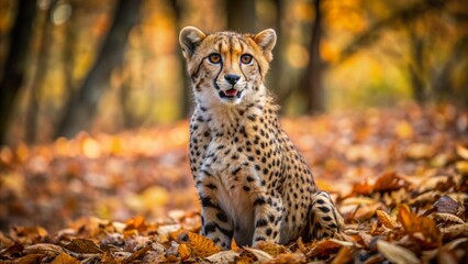 Obraz premium Adorable silly faced cheetah with whiskers and ears perked up sitting on dry woodland floor surrounded by fallen leaves naturally.