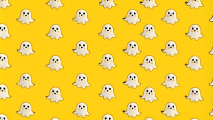 Halloween ghost seamless pattern background. Holidays cute ghost cartoon character. yellow background