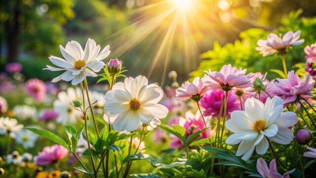 Vibrant white and pink blooms sway gently among lush green foliage in a serene and tranquil garden setting sunlight.