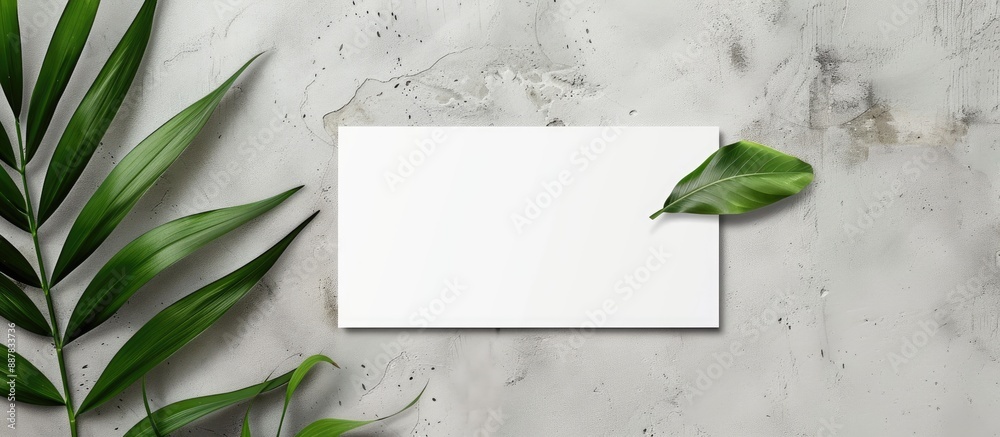 Poster minimalist top view mockup featuring a white invitation discount card or business card with a leaf d