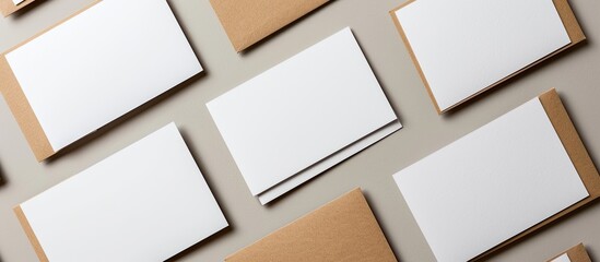 Business cards in brown and white viewed from above with ample space for an image to be inserted