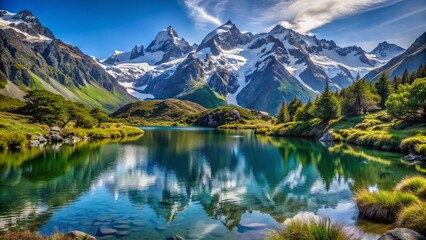 Fototapeta premium Majestic snow-capped mountain peaks rise above serene alpine lake surrounded by lush greenery and rugged rocky terrain under blue sky.