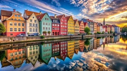Naklejka premium Vibrant multi-hued houses lining a quaint European street mirror perfectly in the serene river, showcasing the ancient city's charm.
