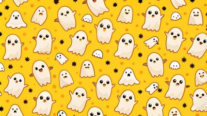Halloween ghost seamless pattern background. Holidays cute ghost cartoon character. yellow background