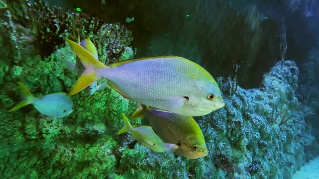  yellow and blueback fusilier, (Caesio teres), swimming near the rocks