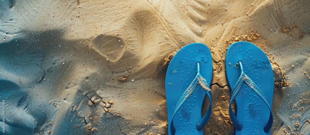 Poster overhead view of blue flip flops on a sandy beach with a designated copy space image