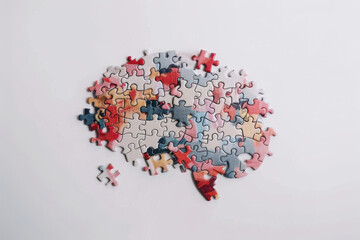 Colorful puzzle pieces forming the shape of a human brain, symbolizing the complexities of memory and cognitive function