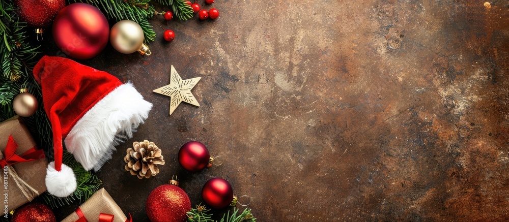 Poster top down view of a christmas arrangement featuring a santa hat gift bauble star on a background with