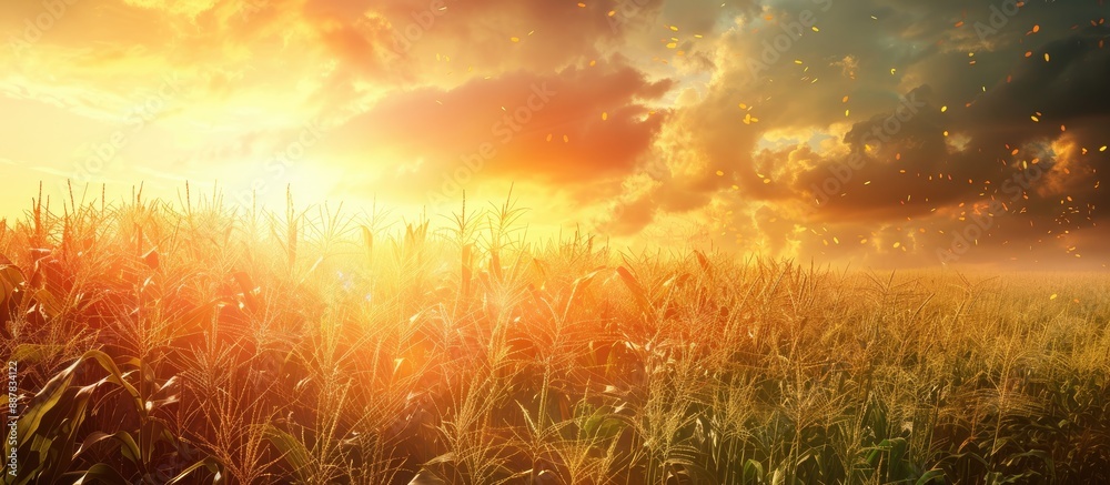 Aufkleber maize plants swaying in a mesmerizing sunset sky in a cornfield landscape with ample copy space imag