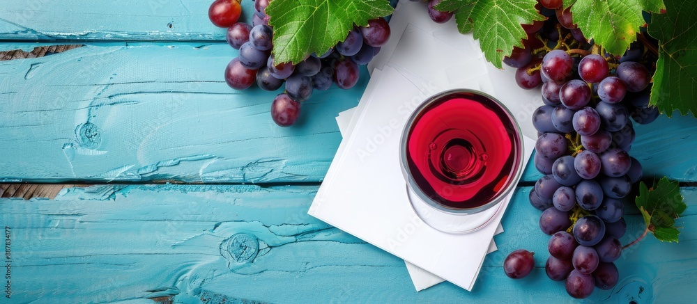 Poster A colorful image capturing a glass of red wine grapes and paper on a turquoise wooden background ideal for a tasting invitation with available space for text. with copy space image