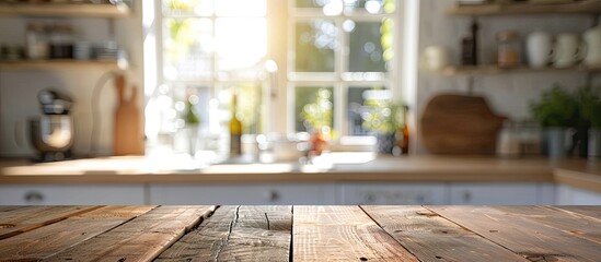 Blurry kitchen background with table top and copy space image