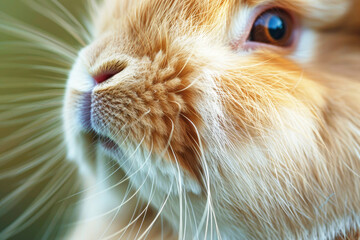 This close-up image showcases the delicate fur and whiskers of a rabbit, highlighting its soft, fluffy texture and gentle features in fine detail.