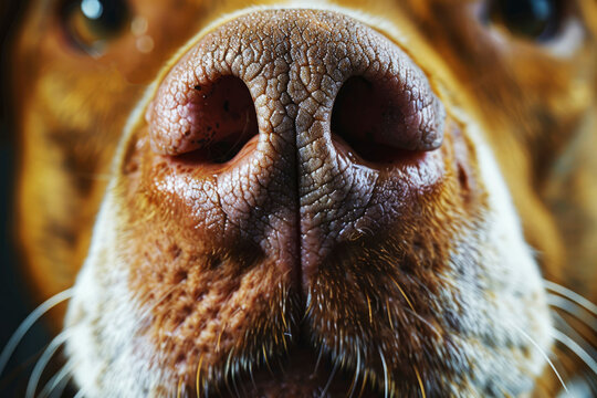 A high-detail close-up photograph of a dog's nose, emphasizing the texture and wetness, exhibiting the sense of smell and curiosity of the animal.