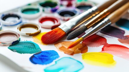 Obraz premium Watercolor paint set with brushes and paper for gouache on white background close up