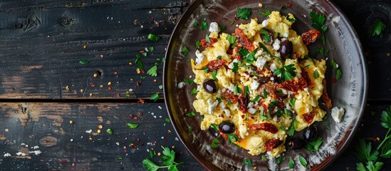 Delicious breakfast of light fluffy and buttery scrambled eggs with feta cheese sun dried tomatoes and black olives on a rustic plate atop an old dark wooden surface in a top view flat lay style with