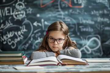 Fototapeta premium education and school concept little student girl studying at school