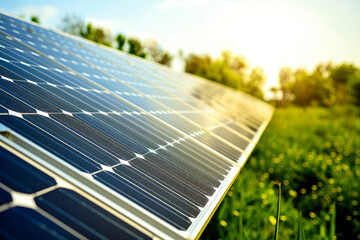 Fototapeta premium Close-up of solar panels in a green field on a sunny day, symbolizing renewable energy, sustainability, and environmental consciousness.