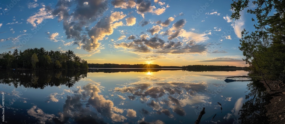 Poster a serene sunset by the lake with trees and clouds mirrored on the glassy water capturing a peaceful 