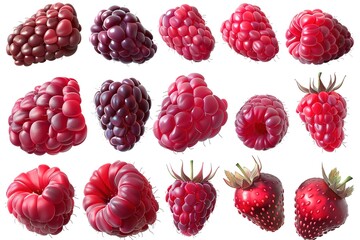 Collage of sweet berries mix close up on white backgounds.Strawberry, blackberry, mullberry,cherry, currants,raspberry
