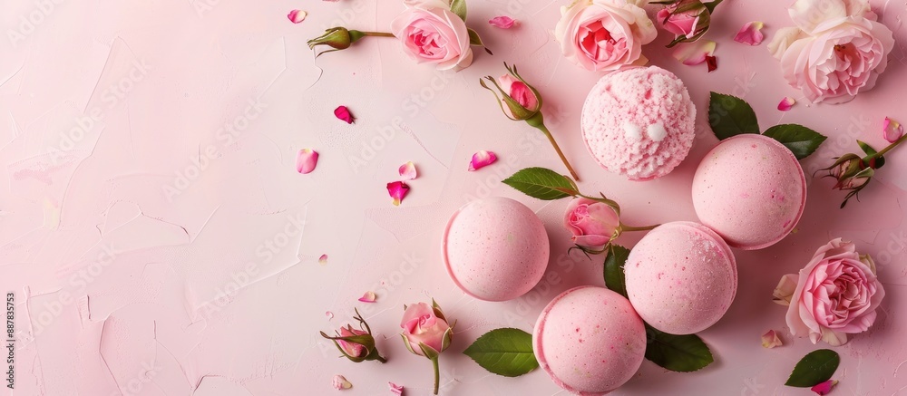 Aufkleber rose bath bombs displayed on a pink backdrop with plenty of copy space image