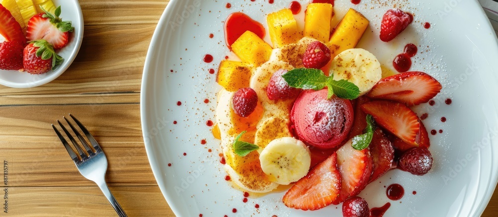 Poster a white plate with crape topped with assorted tropical fruit accompanied by strawberry ice cream all