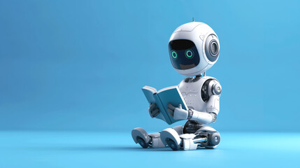 Friendly robot sitting and reading a book against a blue background