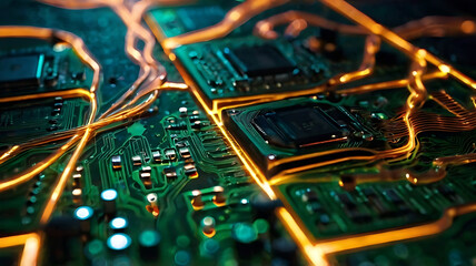 money flowing like currents of electricity through a circuit board, powering different aspects of life and business