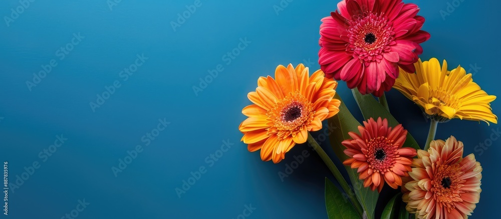 Aufkleber Vibrant gerbera blossoms on a blue backdrop View from above with room for text or images. with copy space image. Place for adding text or design