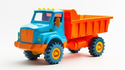 Obraz premium plastic toy truck, highlighting its bright colors and playful design against isolated on white background. 