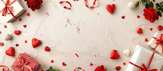 Valentine s Day themed composition with an empty frame on a neutral background featuring gifts red roses heart shapes a message and ample free copy space for images